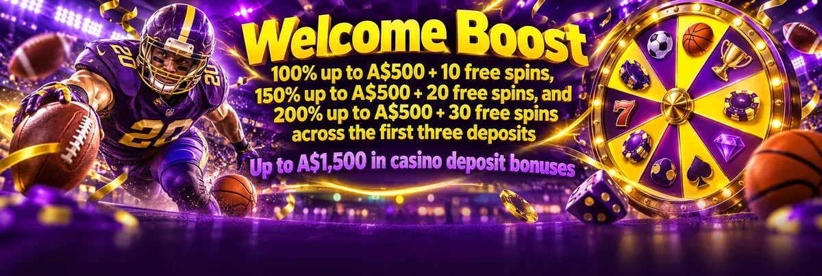 Betzillo welcome bonus banner with a football athlete, a glowing prize wheel and highlighted first three deposit offers in yellow and purple